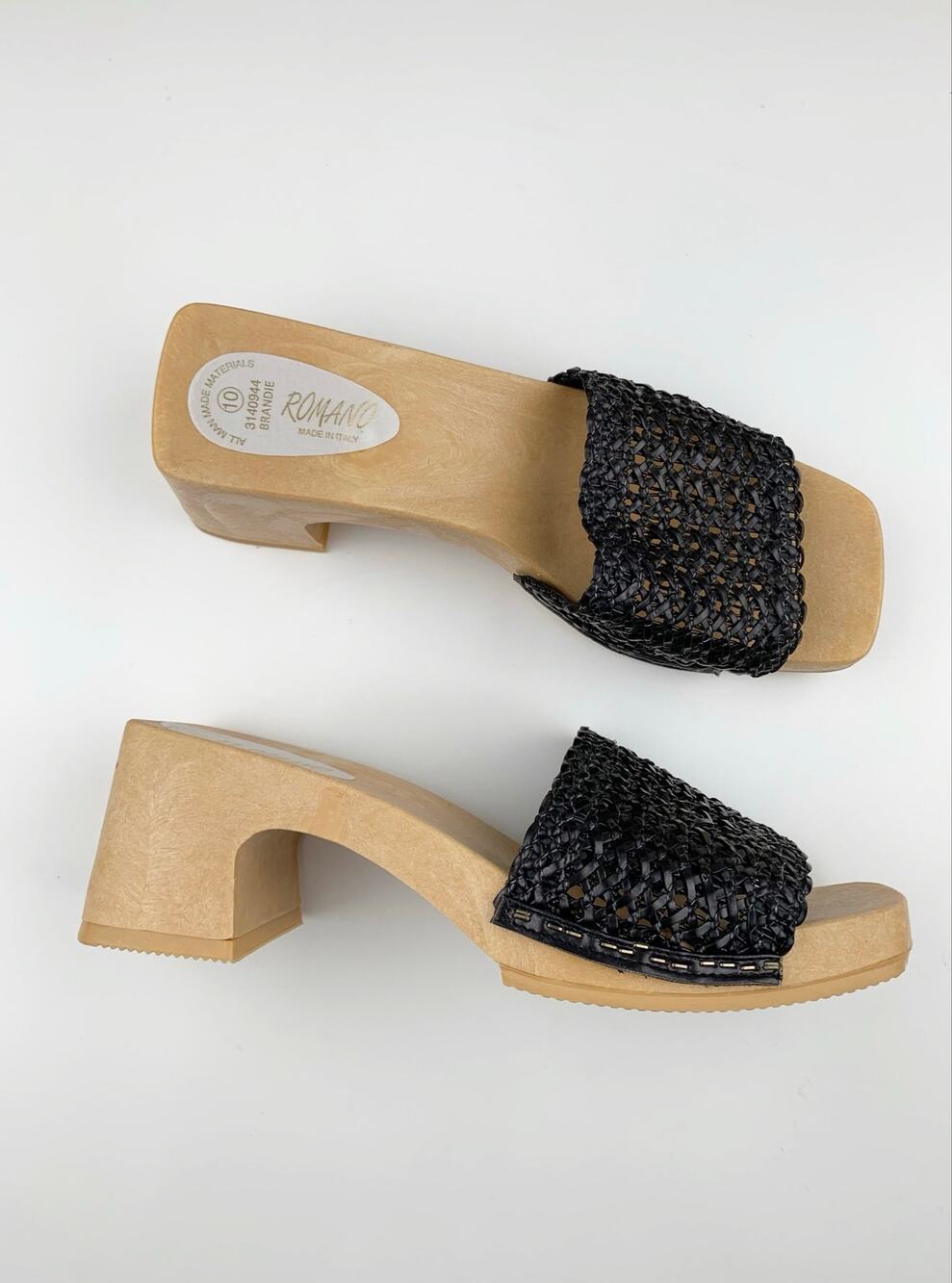 Romano Sandals Chunky Platform Faux Wood Woven Black Slip On Italy Women's 10